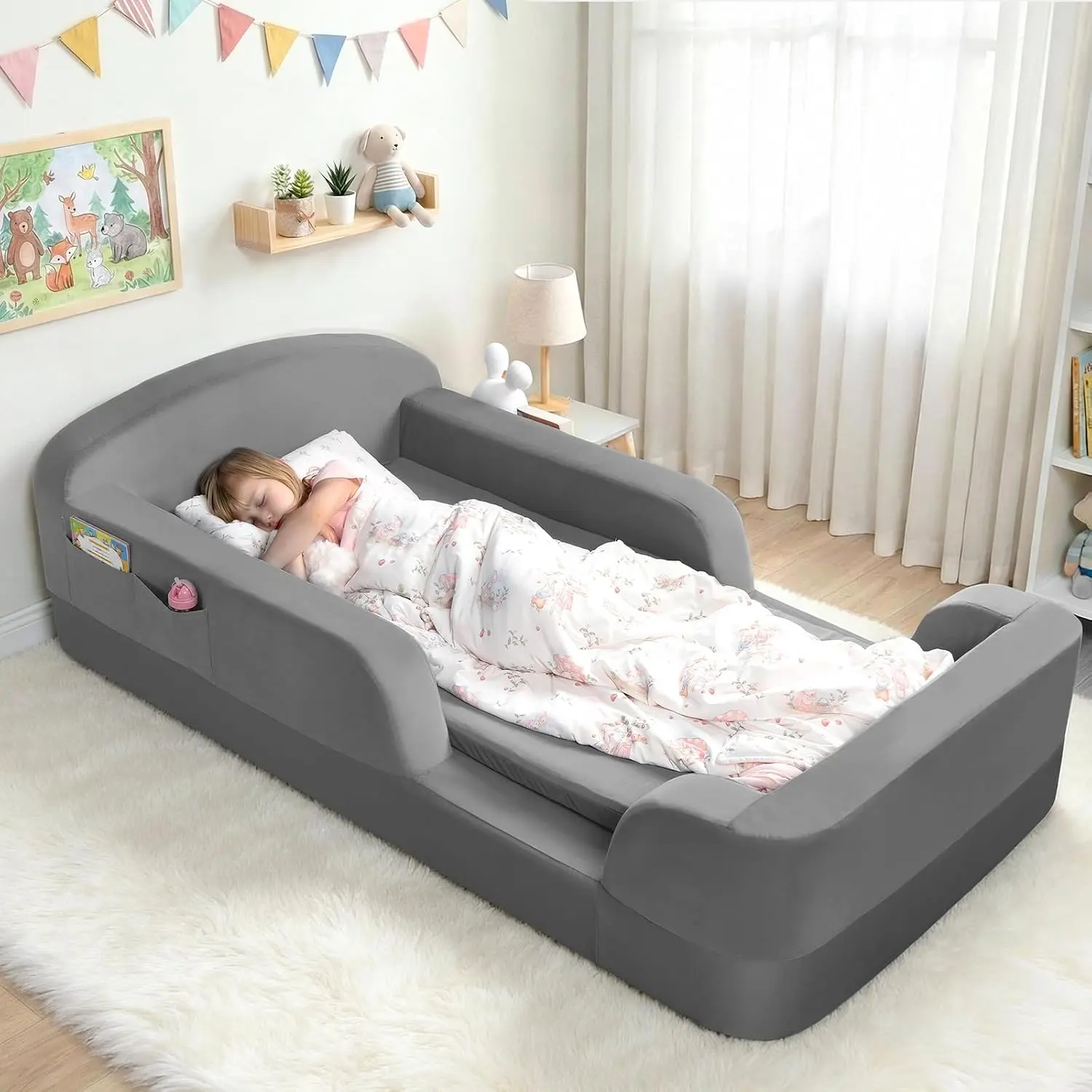 Toddler Floor Bed with Mattress Included, No Assembly Needed Boneless Kids Foam Bed with Built-in Guardrails, Montessori Floor Bed, Ideal for Boys and Girls Aged 3-6 Years,Grey,familyfun