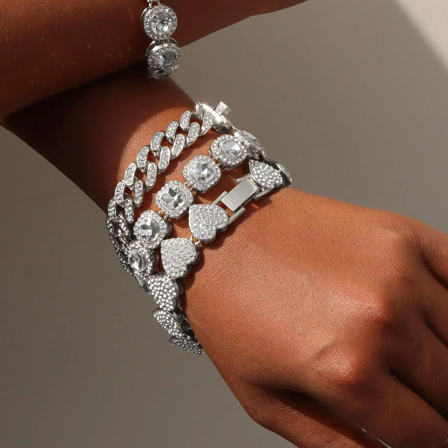 4 Pack Fashion Clustered Tennis Bracelet for Women,Heart Round Diamond Cuban Bracelet,Layered Link Bracelet Set for Ladies,Halloween Christmas Party,Fathersdaygift