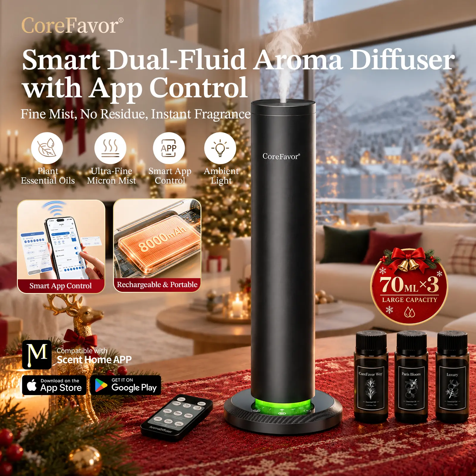CoreFavor Smart Wireless Aroma Diffuser Aromatherapy Machine for Home, App-Controlled Dual-Fluid Essential Oil Diffuser with Remote Control, Touch Buttons, 4-Color LED Lighting, Breathing Light Mode, Built-In Li-Ion Cordless Humidifier for Bedroom,techvib