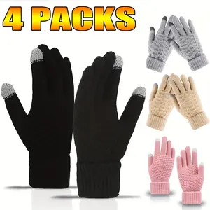 4 Pairs Touchscreen Gloves for Women and Men Cold Weather Fashion Mittens Warm Winter Gloves in Black Gray Beige and Pink