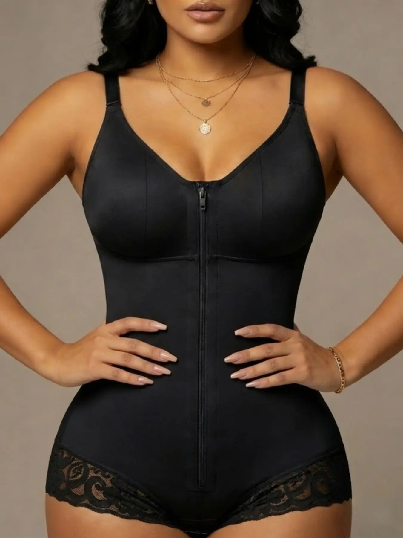 1 Count Women's Lace Abdominal Control Hip Lifting Jumpsuit, Fajas, Colombian Shapewear, Compression Body Shapewear, Medium Support And High Elasticity Shapewear Bodysuit, Solid Color Comfortable Zipper Closure Body Shaper, Suitable For Classic Daily Wear