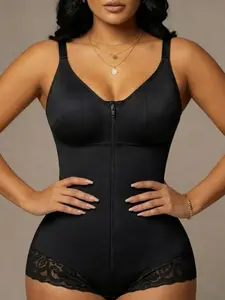 1 Count Women's Lace Decorative Abdominal Control Hip Lifting Integrated Jumpsuit, Fajas, Colombian Shapewear, Medium Support And High Elasticity Shapewear Bodysuit, Solid Color Comfortable Zipper Closure Body Shaper, Suitable For Classic Daily Wear