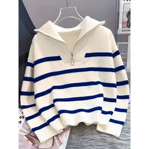 New Women’s Striped Pullover Sweater — Fashionable, High-Quality, Simple Zip-Up Warm Knit Top for Autumn and Winter