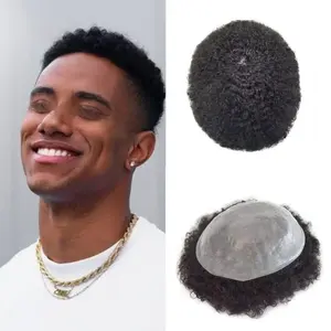 Afro Curly Mens Toupee 0.12MM Full Skin Durable Hairpiece African American Human Hair Systems Replacement 10X8 All Poly Skin PU Hair Unit for Black Men Kinky Curly Wigs