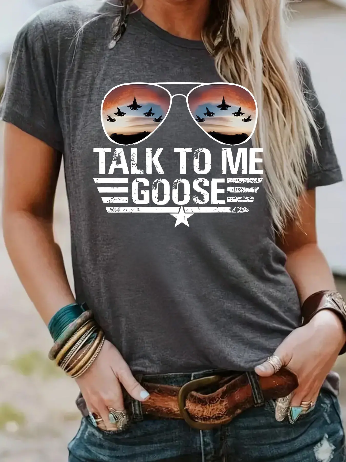 Women's "talk To Me Goose" Graphic Print Round Neck Tee, Vintage Trendy Streetwear Casual Fitted Breathable Short Sleeve T-shirt, Casual Tops, for Daily Wear, Ladies Summer, Womenswear
