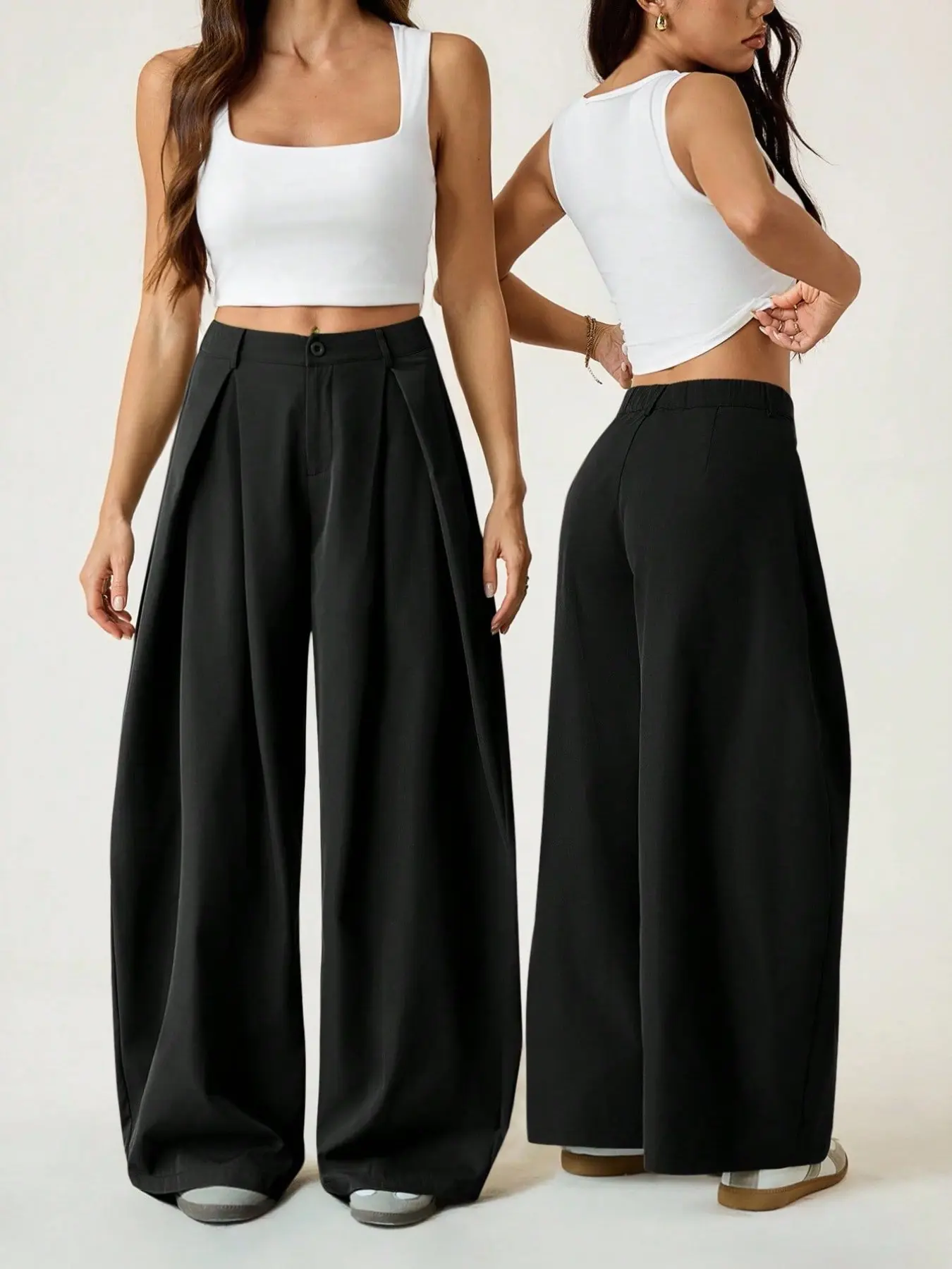 High-Waisted Pleated Wide-Leg Suit Pants Trouser for Women, Flowy Slimming Loose Baggy Balloon Pants, New Trend Commuter Casual Pants, Bottom, Casual Commuter Style