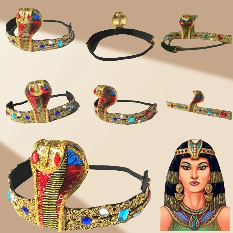 Egyptian Queen Headdress - Cleopatra Snake Headpiece with Rhinestones, Gold Trim, Outdoor Hat Costume Accessory for Halloween, Cosplay