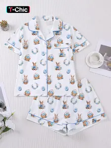Women's Spring Summer Sleepwear Set, Cute Rabbit Egg Print, Romantic Easter Gift, Comfortable Shirt Collar Top & Loose Elastic Shorts, Fit Pajama Set, Cute Pajama Sets