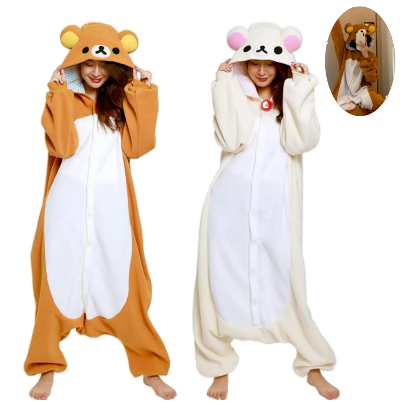 Women's Rilakkuma Kigurumi Bear Sister Cartoon Long Sleeve Onesie - Casual Loose-Fitting Kawaii Adult Anime Peripheral Pajamas, Home Supplies Loungewear, Cute