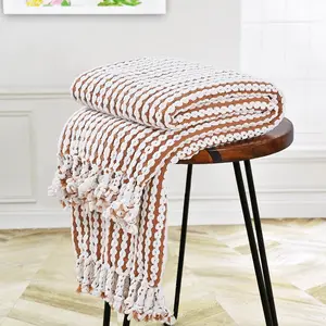 Striped Knit Throw Blanket with Braided Tassels 50" x 60", Hand Knitted Soft Chunky Chain Design Boho  Blanket, Two Tone Tassel Decor Throw for Couch Bed Sofa Outdoor, Camel White