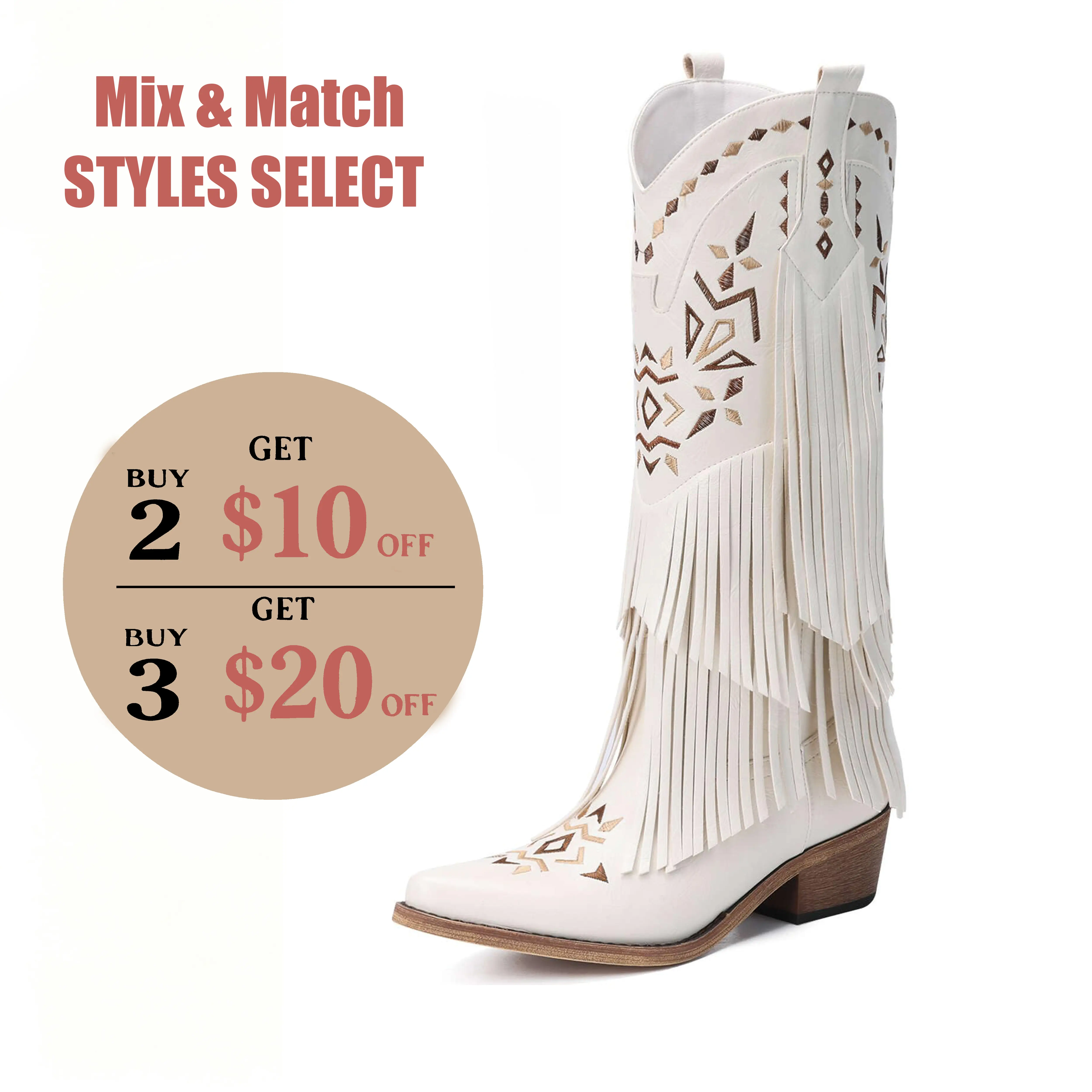 【Clearance】Cowboy Boots for Women - Fringe Knee High Cowgirl Boots with Classic Embroidery, Pointed Toe, Retro Design for Western Parties and Weddings Comfort  Walking Shoes Decor fall boots Footwear White