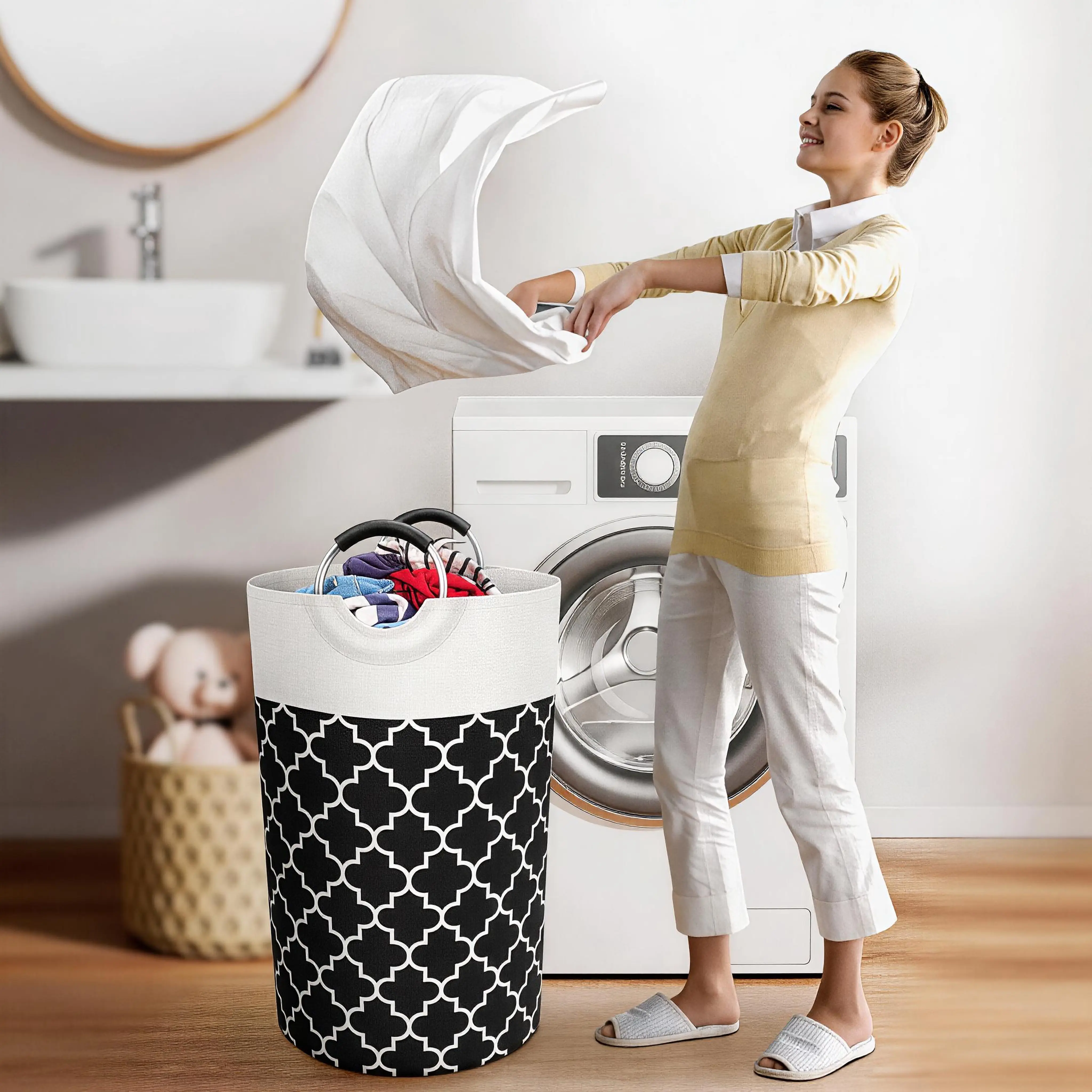 Premium Collapsible Clothes Hamper - Foldable Extra Large Laundry Bin with Thick Body, Reinforced Carry Handles, Lightweight Stylish Houndstooth Waterproof Single Compartment for Daily Washes, Bathroom Home Storage Organization, Extra Large For Daily Wash