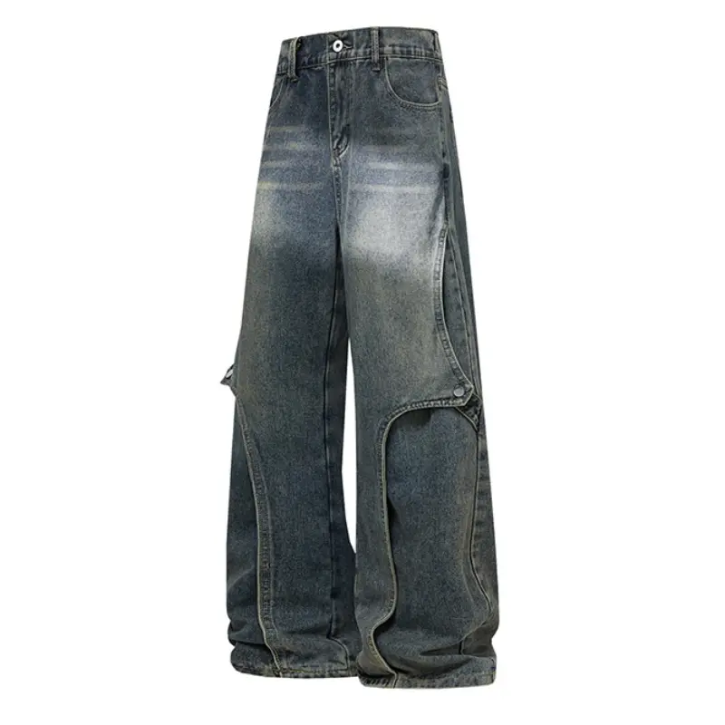 Spring new CleanFit men’s streetwear jeans — casual pants for teens with a loose, bad‑boy look that slims the figure; retro, versatile patchwork deconstructed design; comfortable, breathable fabric suitable for everyday wear.