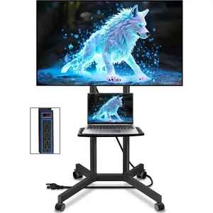 Solid Grace Rolling TV Stand with Power Outlet for 32-75 Inch TVs up to 88lbs, Portable TV Stand with Shelf, Mobile TV Cart for Living Room, Office, Meeting Room, Outdoor(with Power Outlet+Shelf)