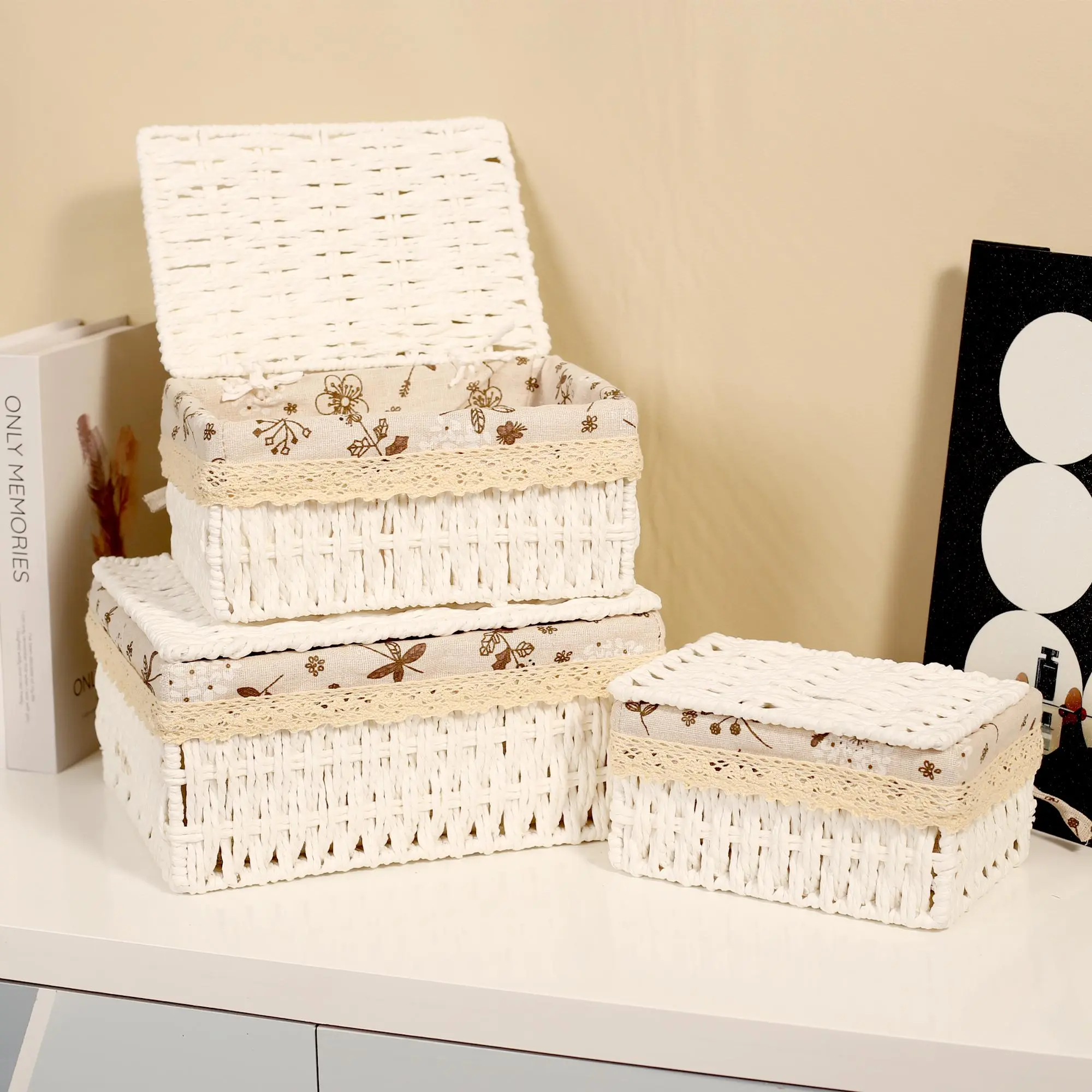 Woven Storage Basket with Lid, 3 Counts/set Hand-woven Storage Basket, Suitable for Bedroom Organizing, Room Organizers, Room Storage, Wardrobe Organizing, Closet Organizer, Closet Organization, Closet Baskets