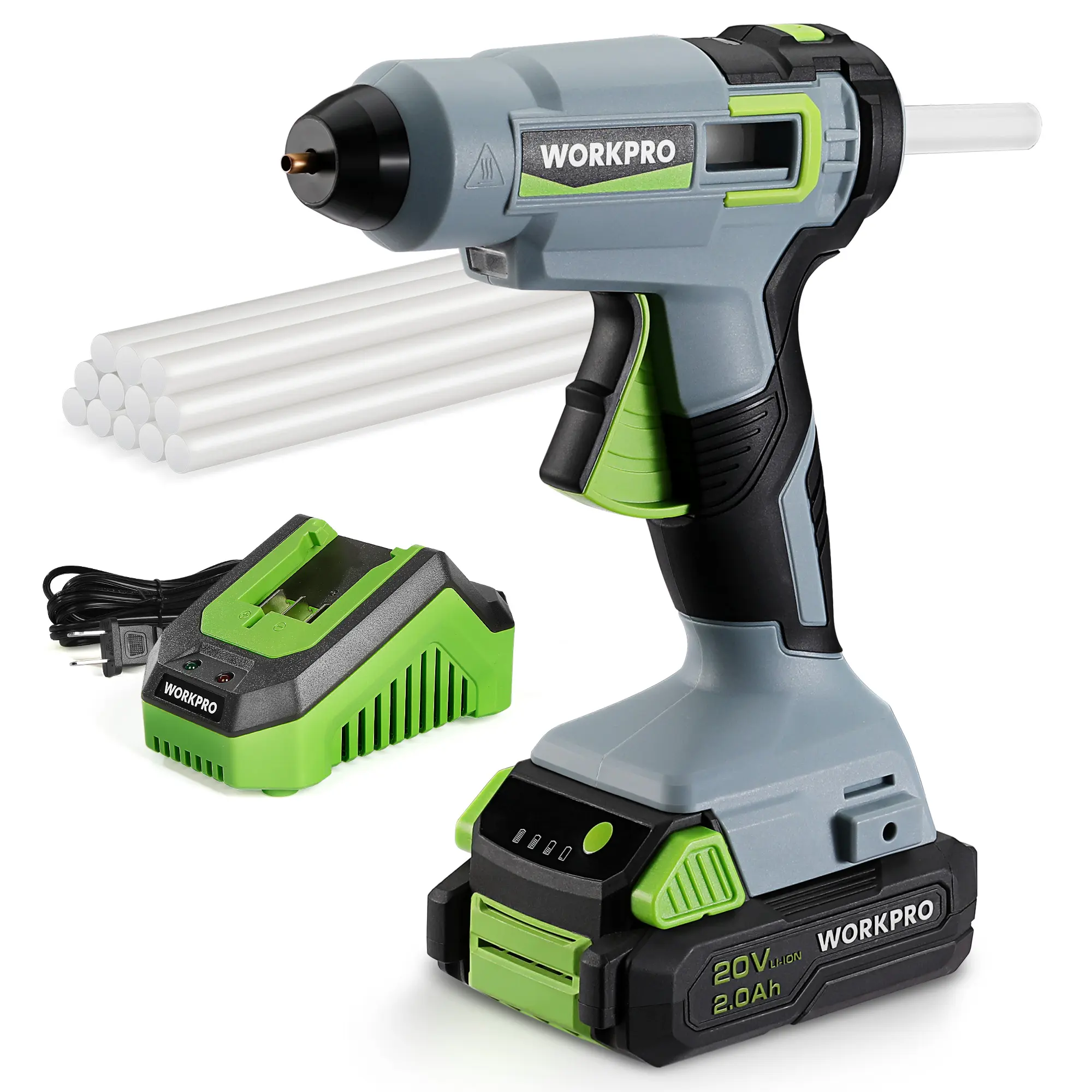 #backtoschool WORKPRO 20V Cordless Hot Melt Glue Melter Kit, 2.0 Ah Li-ion Battery Powered Rechargeable Full Size Hot Glue Melter, 45S Fast Preheating, Heavy Duty Wireless Glue Melter with 12 Counts Glue Sticks for DIY & Craft