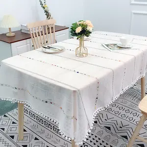 1pc Elegant Lace Polyester Tablecloth, Lightweight Sheer Fabric, Fur Ball Edges, Perfect for Restaurant Banquets Parties Festive Dinners, Home Decor