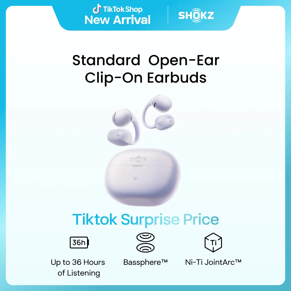 SHOKZ OpenDots Air - Open-Ear, Clip-On Earbuds - Bluetooth 6.1, Up to 36 Hours of Listening, Interchangeable Earbuds, Touch Controls, Dual AI Noise-Canceling Microphones, IP55, Bassphere Technology, DirectPitch Technology