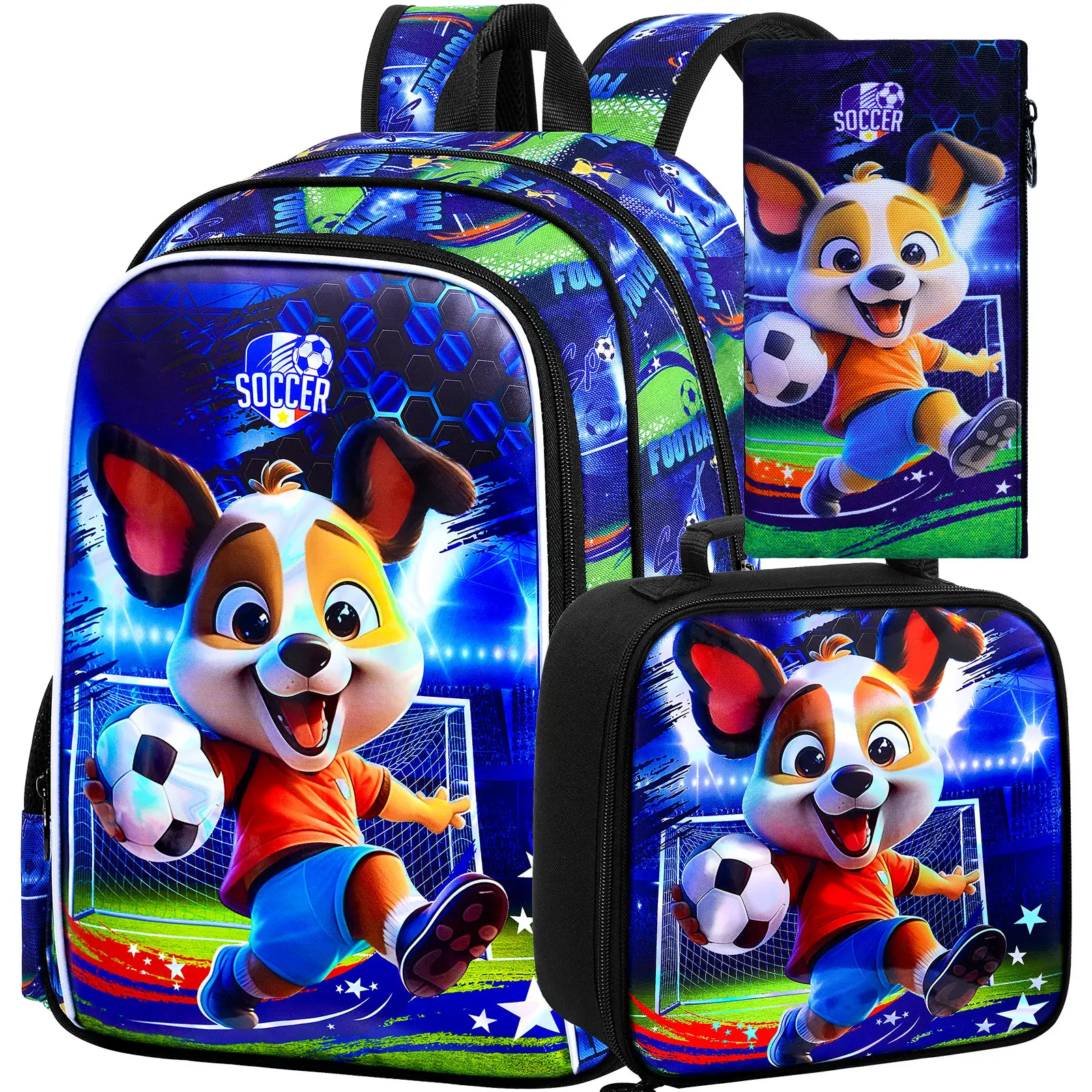 3PCS Boys Dog Backpack, Water Resistant Kids Soccer Bookbag Set with Lunch Box?Cute School Bag for Preschool Toddler
