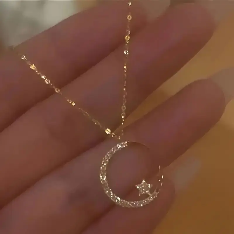 Women's 1pc Crescent Moon and Star Necklace - Minimalist Elegant Chain Jewelry, Star-Cut, Moon Element, Daily Wear, Birthday Gift, Retro Cute Versatile Pendant, Star-Cut Necklaces, Moon Element Necklaces