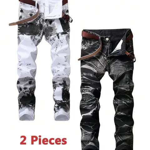 Men's Regular Straight Fit Jeans - 2-Piece Casual Washed Denim Pants with Pockets, Street Style Halloween Comfy All Seasons Menswear Bottoms, Embroidery Detail, Machine Washable White & Black Options