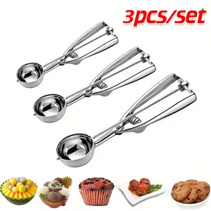3-Piece Cookie Spoon Outdoor Stainless Steel Ice Cream Spoon, Camping Fruit Styling Spoon Small Round Spoon Ice Cream Spoon Fruit Digger Spoon Ball Player, Ice Cream Non-Stick Spoon, Ice Cream Scoop, Utensils