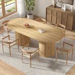 [Memorialday][ONLY INCLUDING Table]AMERLIFE 86.6'' Modern Extra Long Oval Dining Table with Hidden Storage, Wooden Dining Table with Cylindrical Fluted Base, Seats 6–8, Sturdy Kitchen & Dining Room Furniture
