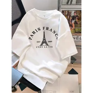 SHEIN EZwear Oversize "PARIS" Eiffel Tower Print White Round Neck Short Sleeve Loose T-Shirt For Women, Suitable For Paris  Sports Season Back To School