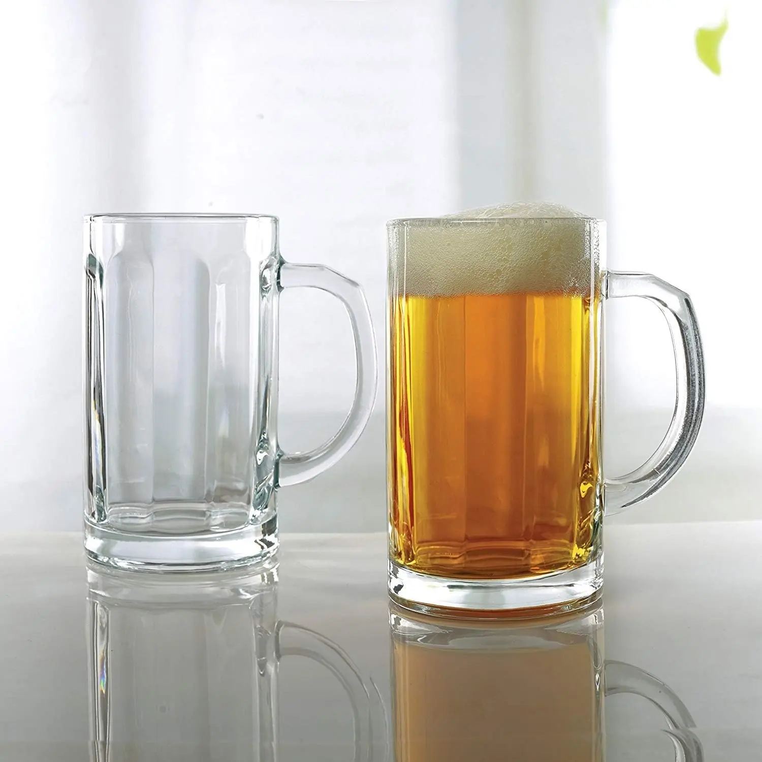 16oz Lead-Free Glass Beer Mugs Set (2-Piece, 16.4 fl oz Equivalent) - Classic Kitchenware Drinkware Cups with Warm-Hand Handle, Sturdy Pub Base, Dishwasher Safe, Washable, Reusable for Water, Bar Dining Decor