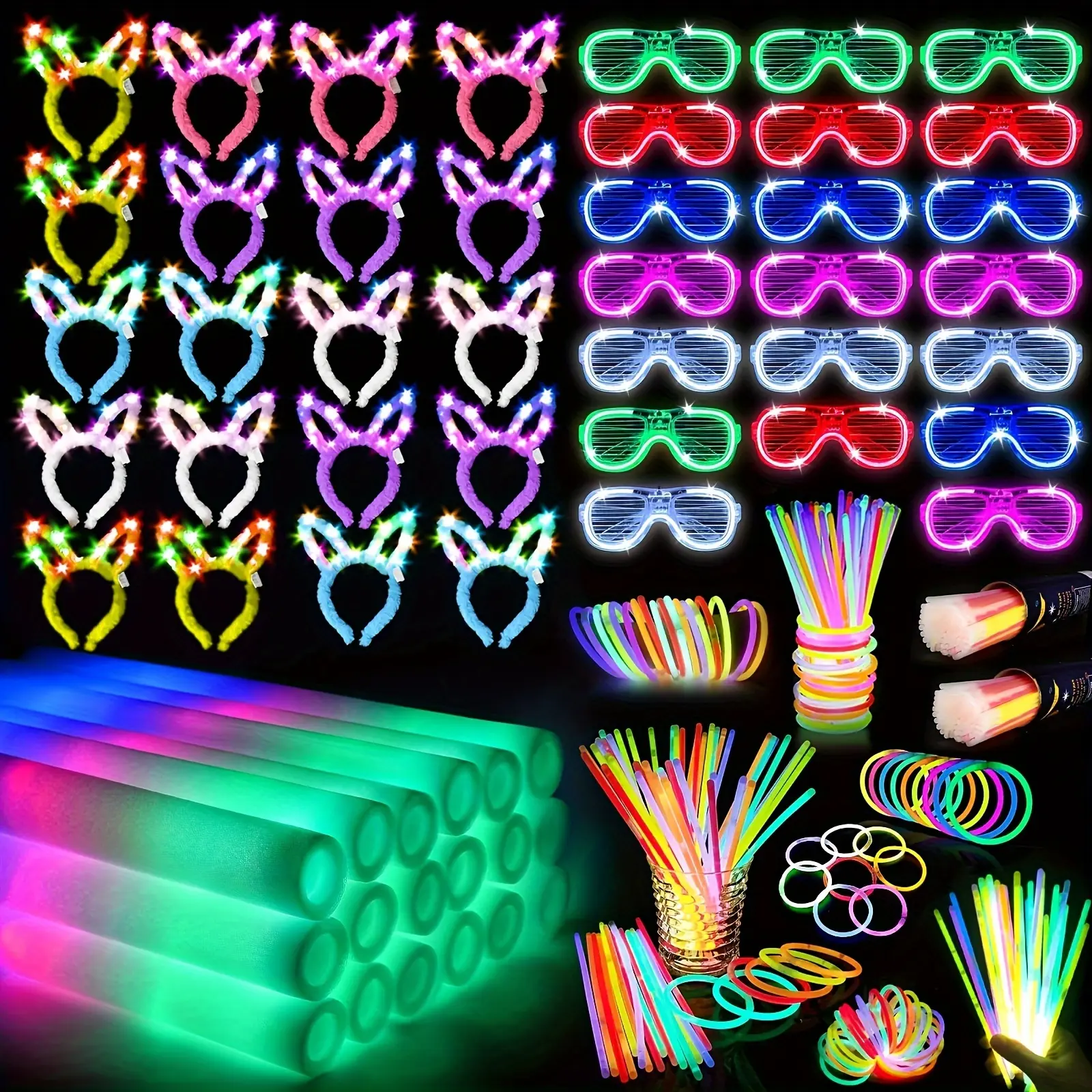 260 Pcs Graduation Party Set with 20 Pieces of Foam Glow Sticks, 20 Pieces of LED Glasses, 20 Pieces of Bunny Earrings, and 200 Pieces of Glow Sticks for Birthday Parties, Bachelorette Parties, Holiday Parties