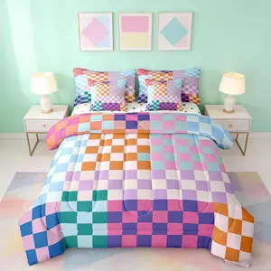 7pcs Color Lattice Comforter Set,Multicolored Checkered Plaid Square Bedding Set,Room Decor,Reversible Geometric Grid Bed in A Bag with Comforter,Sheets and Pillowcases