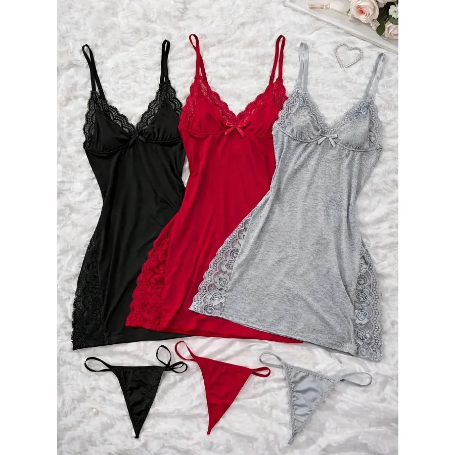 3pcs Of Women's Solid Lace Nightdress, Lace Panels, Skirt Side Slits