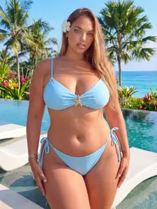 [Plus Size] Two-Piece Set Solid Color Bikini Set, Tie Back Bikinis, Casual Fashion Chic Top & Tie Side Swim Bottom Two-piece Swimsuit for Beach Holiday Vacation, Summer Swimsuit Set, Women's Swimwear for All Seasons