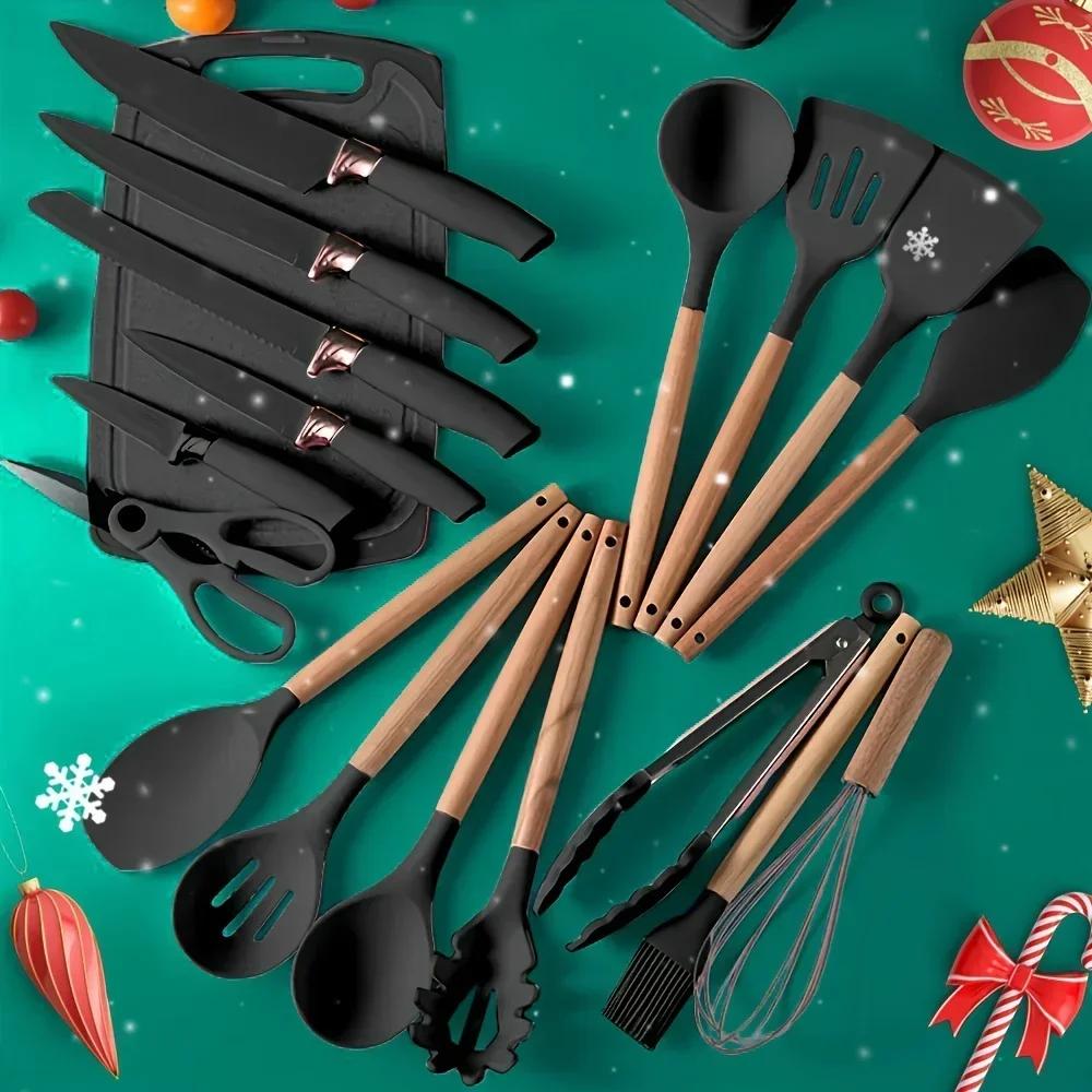 Hot Selling Silicone Kitchen Utensil Set 19-Piece Cooking Spoon Spatula Knife Storage Bucket Wooden Utensil Set Kitchen Tools Ladle Sturdy Durable Kitchenware Cookware