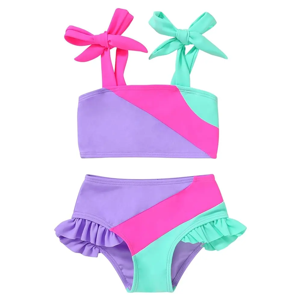 Toddler Girls' 2-Piece Colorblock Stripe Swimwear, 4th of July Bathing Suit for Summer Beach, 18M-5T, Colorblock Swimwear Striped Swimsuit