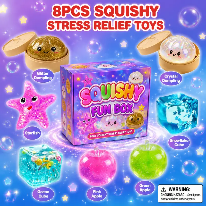 8-Piece Kawaii Stress Relief Set, Uniquely Shaped Squishy Fidgets - Soft, Moldable, Malt Candy-Like Texture, Slow Rebound Healing Decompression Squishies, Ideal for Party Favors, Holiday Gifts