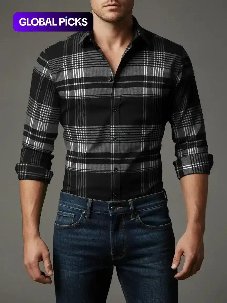 Men's Long Sleeve Casual Plaid Collared Shirt, Button Up Design, Simple Design, Ideal for Dates & Social Events, Great for Spring, Summer & Fall