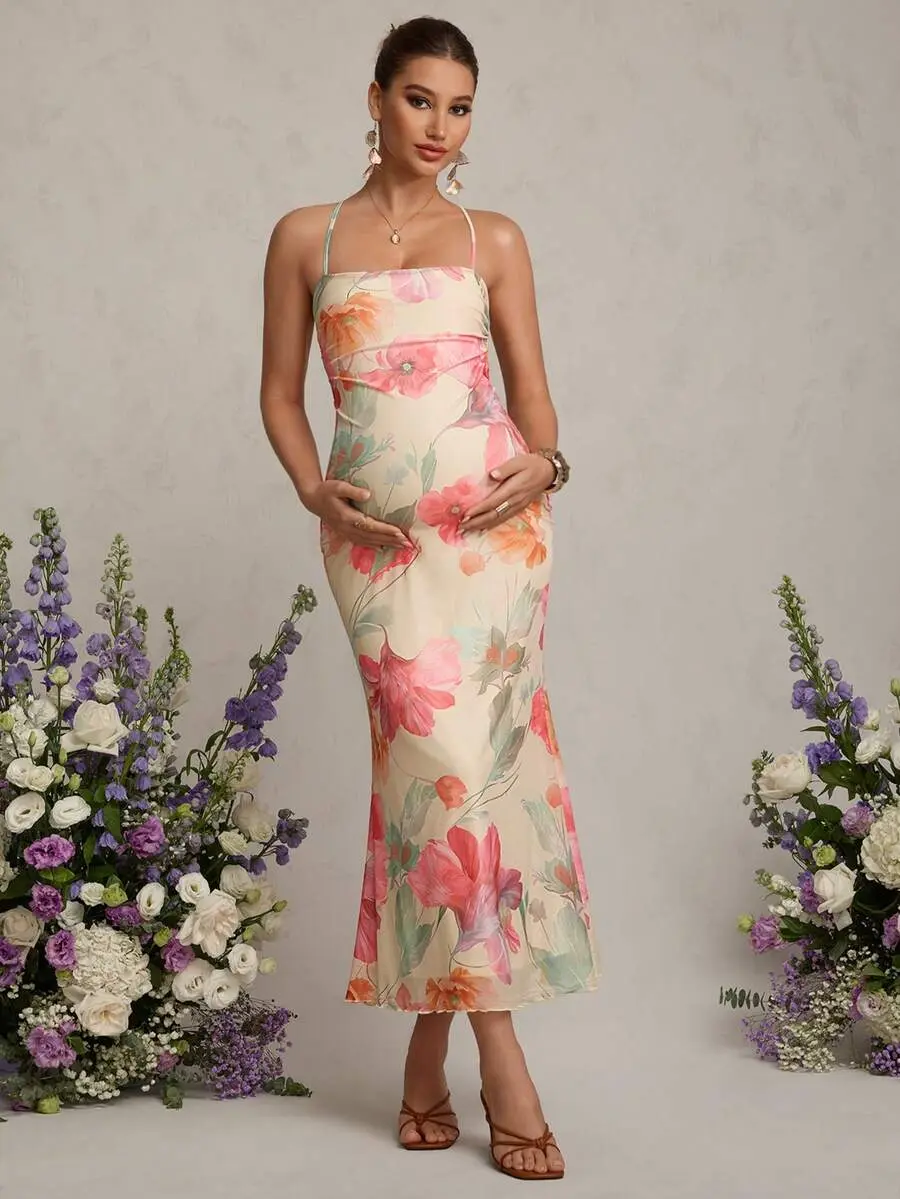 MaterniRIO Elegant Butterfly Print Backless Halter Maternity Dress - Sexy Yellow Floral Outfit for Pregnancy Photoshoot & Baby Shower
