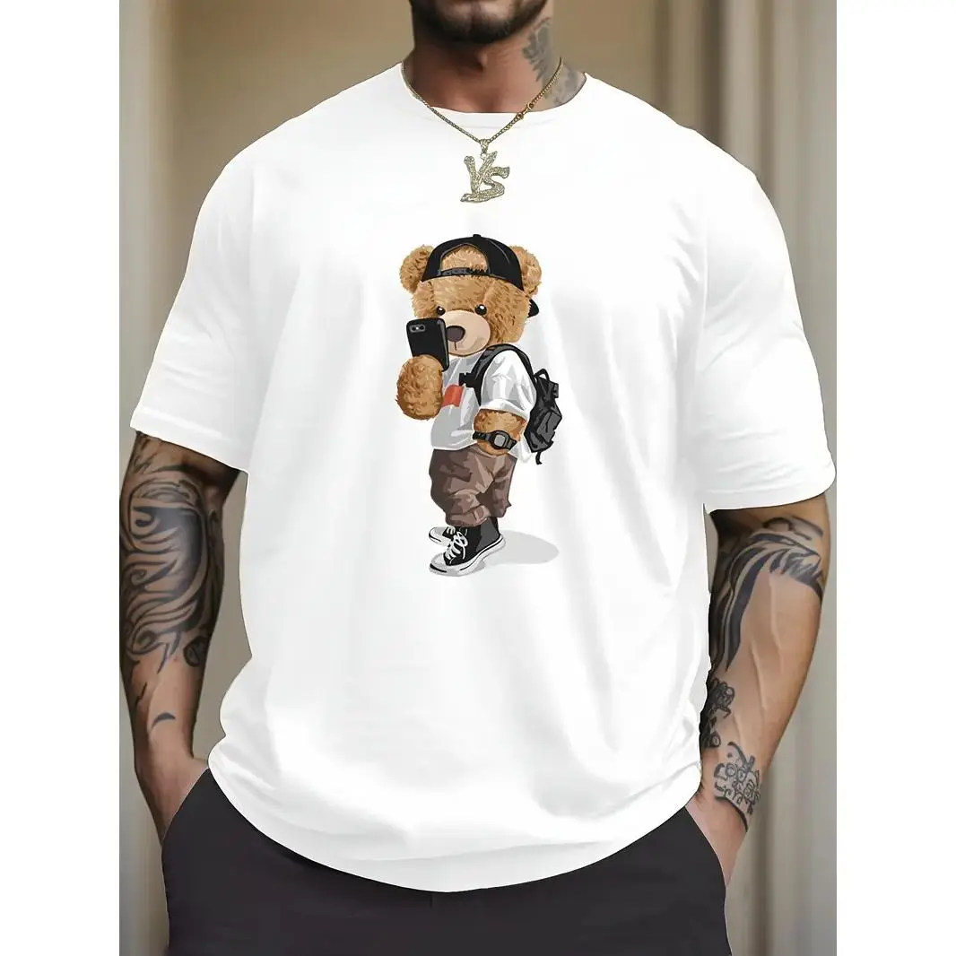 Men's Stylish Loose-Fitting Short-Sleeve Graphic T-Shirt - Cartoon Teddy Bear Print, Round Neck, Unisex Streetwear Fashion Apparel, Summer Casual Daily Tops, Tropical, Menswear, Shortsleeve