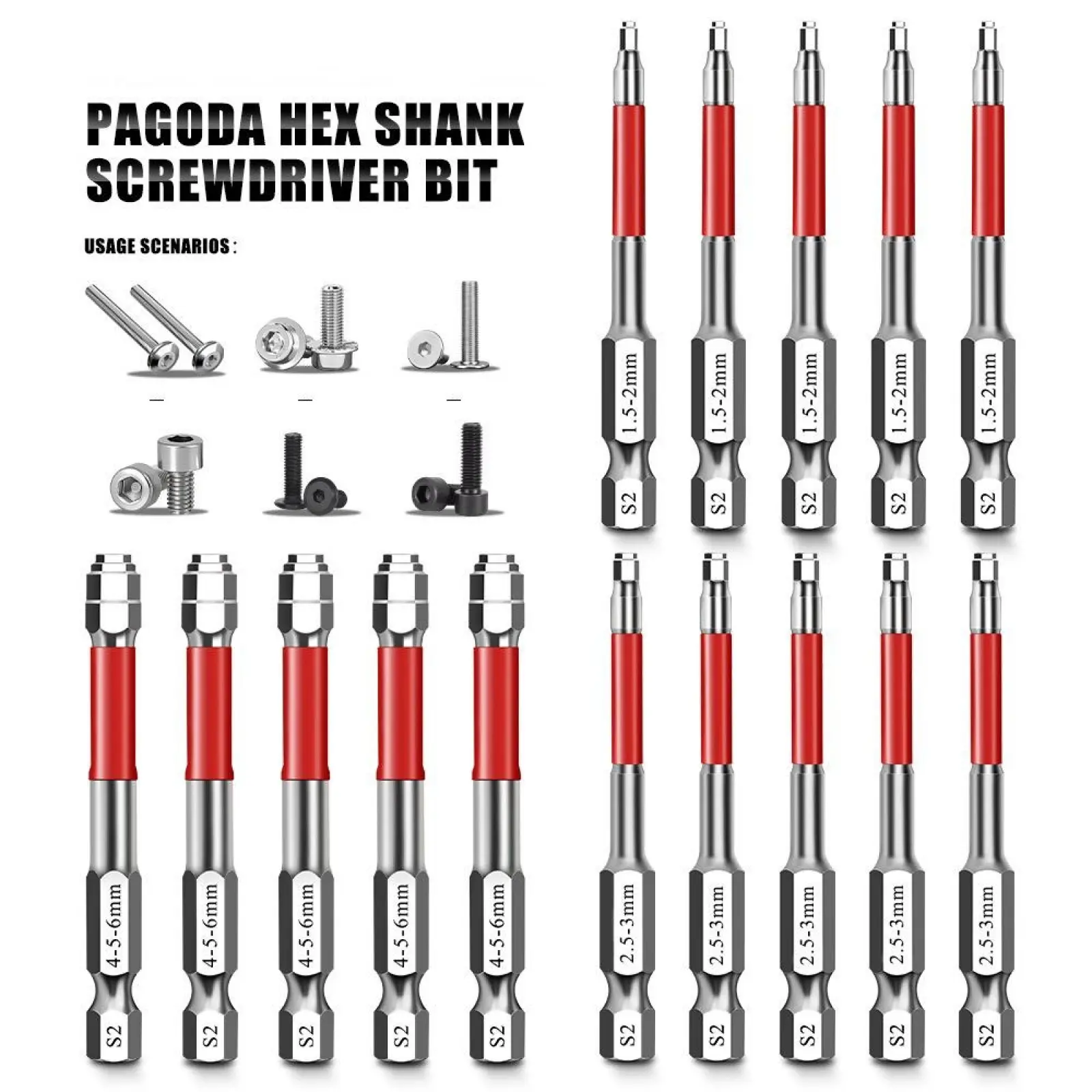 6-Piece Screwdriver Bit Set: Featuring magnetic hexagonal shanks and a unique pagoda-shaped internal hex design, a single bit can tighten nuts ranging from 1.5mm to 6mm