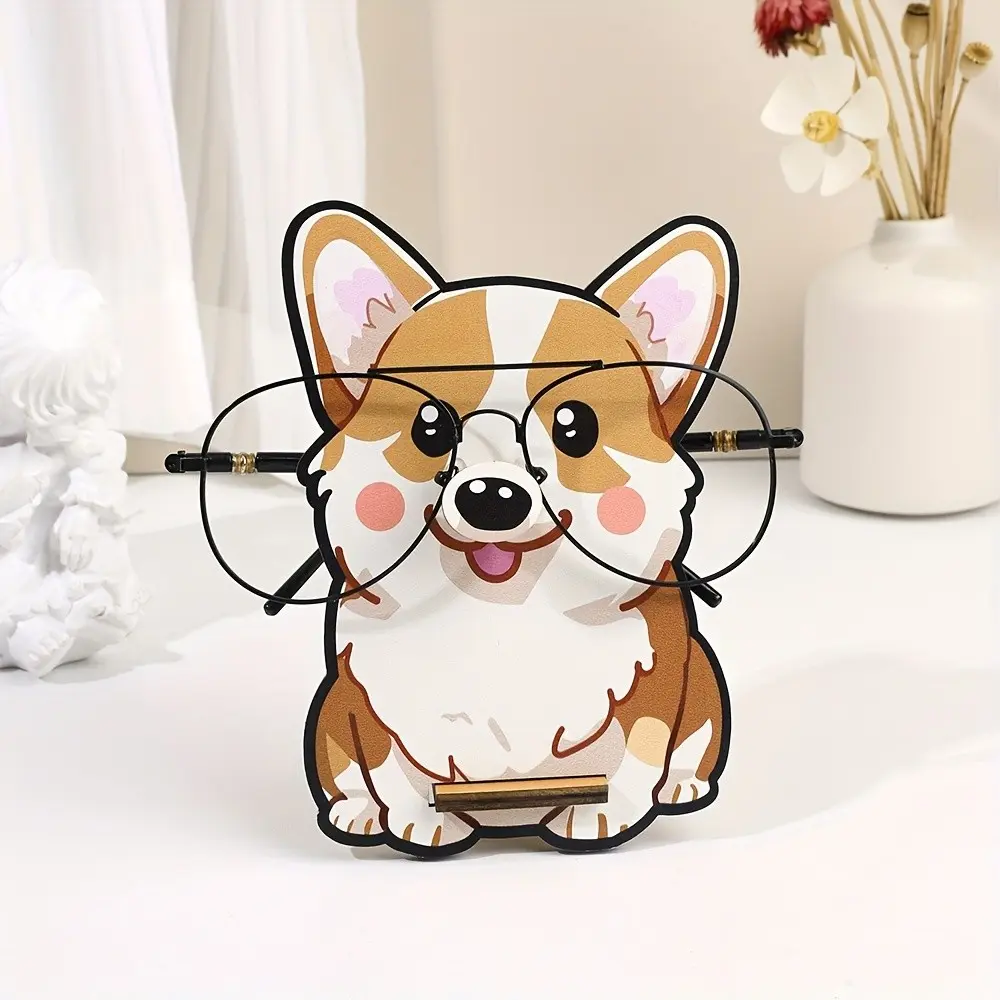 Corgi dog shaped glasses frame and storage seat - Glasses Holder, wooden glasses frame, cute corgi shaped, suitable for desktop decoration, bedside table accessories, pet lovers birthday gifts, and corgi dog theme designed for corgi dog owners