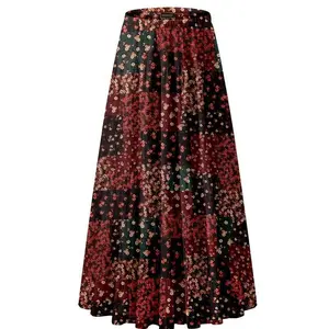 Women's Dark Floral Pleated Elastic Chiffon A-Line Long Maxi Bottom - Aline Style Long Skirts, All Day Wear, Boho Lace/Strappy Tee Pairing, Earthy Fall Vibe, Knit Cropped Top & Sweater Compatible
