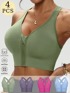 Women's Sport Bra with Front Zipper, Detachable Pads, X-Back Strap Design, Breathable Comfort, Medium Support, Casual Fitness Bra