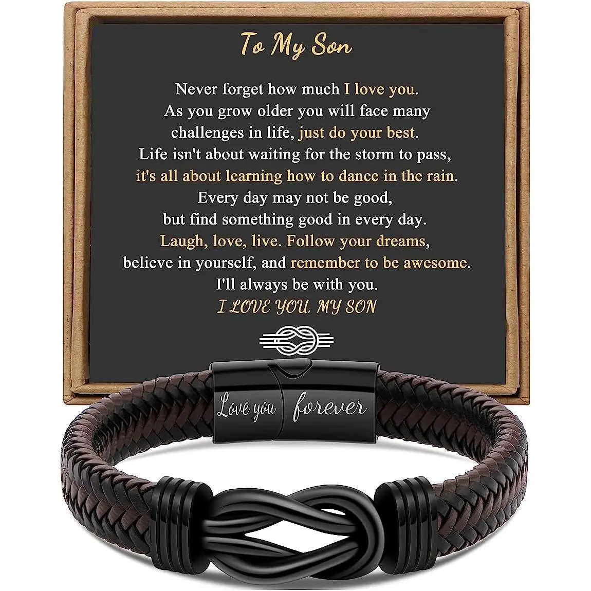 Gift for Men Infinity Bracelet for Men Dad Husband Boyfriend Son Grandson Brother Nephew Uncle Brown Braided Leather Forever Linked Together Stainless Steel Engraved with Love You Forever Jewelry 7.5|8.5|9 Inches