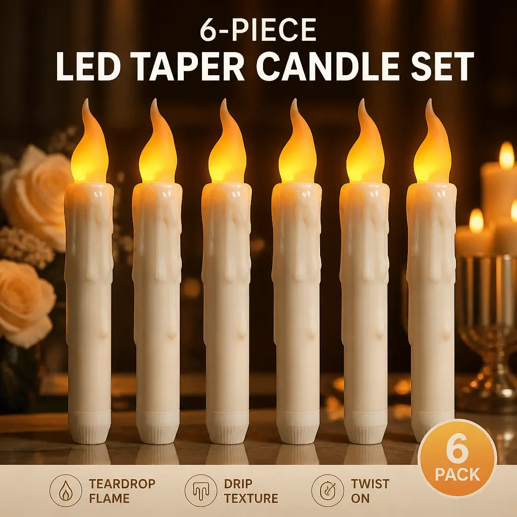 6pcs Flame-Free Christmas Candle Lights, Creative LED Long-Stem Halloween Candle Lights, Home Decor Valentine's Day Candle Lights, Wedding Church Table Decorative Lights, Mother's Day Gift, Batteries Not Included