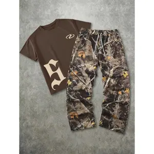 Men's Fashion Street Vintage Camo 2-Piece Set, Letter Print Short Sleeve T-Shirt & Leaf Camo Wide Leg Pants, Outdoor Adventure/street Style