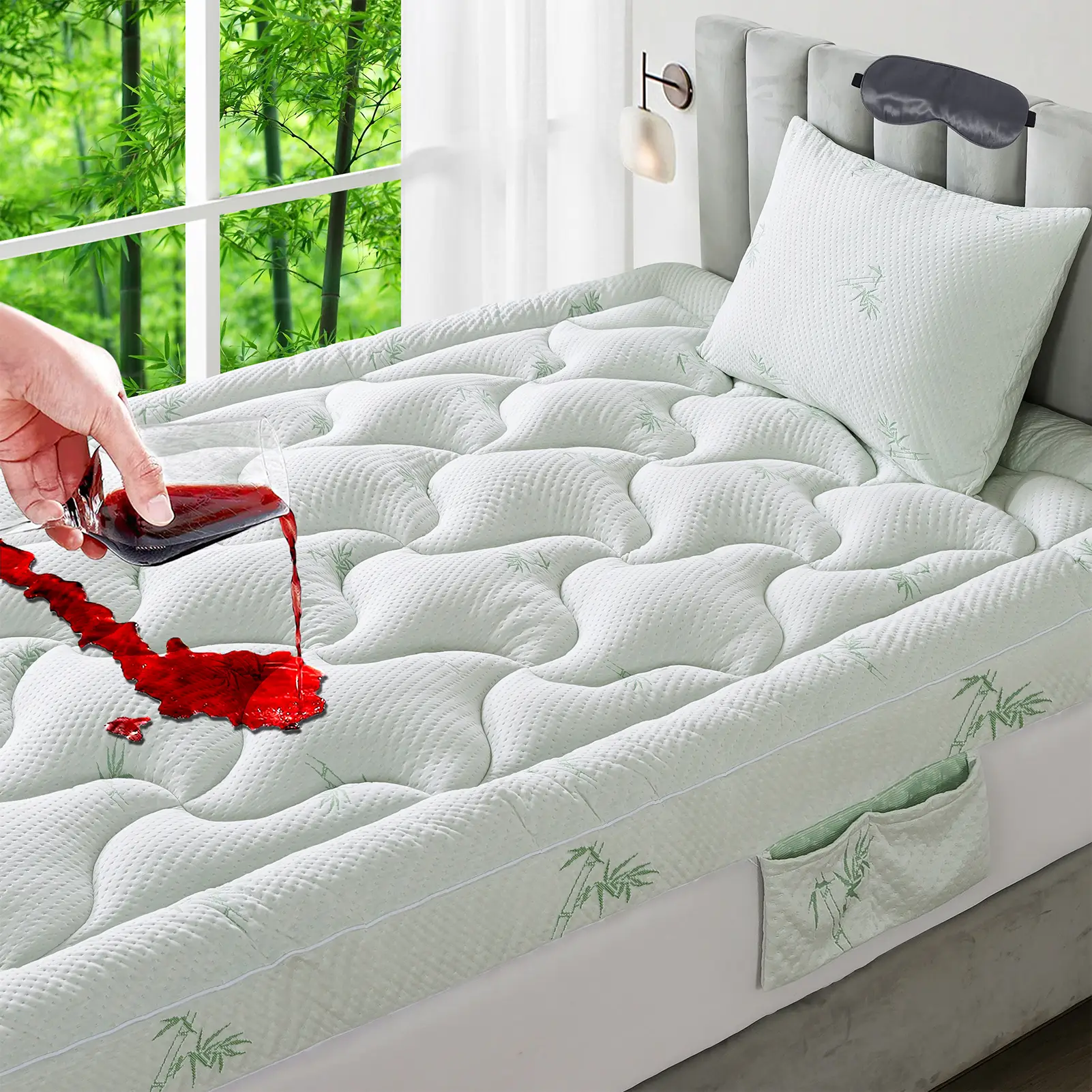 OBOEY Bamboo Mattress Topper, Waterproof Mattress Protector, 1000 GSM Quilted Fitted Mattress Pad with 1 Pillow Protector & Sleep Mask, Side Pocket, B