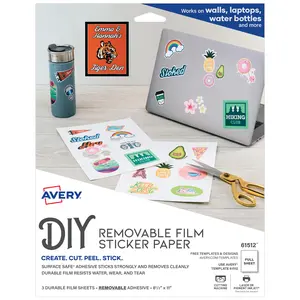 Avery Durable DIY Sticker Paper, 8.5" x 11", Removable Surface Safe Adhesive, Water-Resistant with Laser or Pigment-Inkjet Printers, 3 Full-Size Label Sheets (61512)