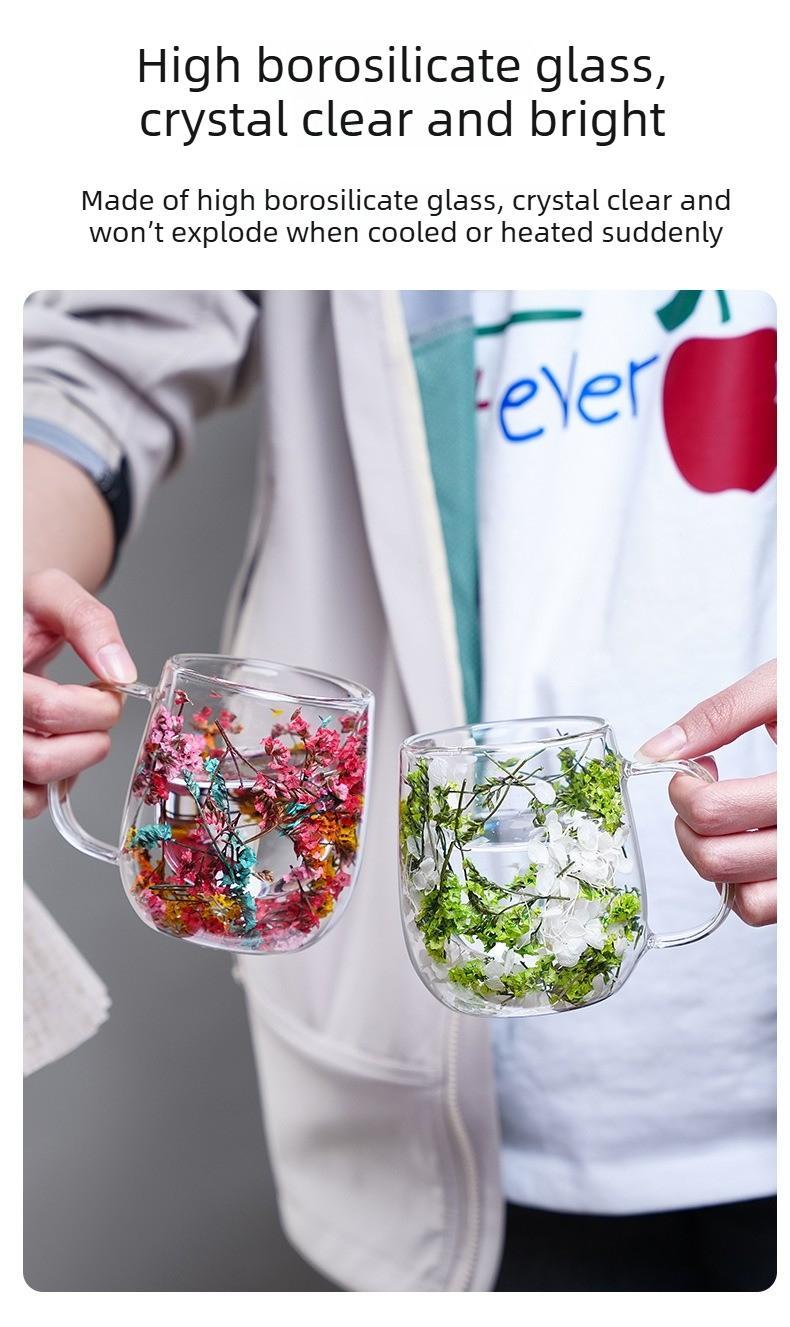 Double Glass Flower Tea Cup, 250ml Double Wall Glass Coffee Cup, Insulated Transparent Cup with Dried Flowers, Heat Resistant Drinkware Tumbler, New Year Gift.The top choice for Mothers Day Gift