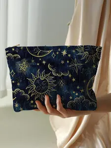 Star & Moon & Sun Pattern Makeup Bag, Casual Lightweight Multi-functional Cosmetic Bag, Zipper Makeup Organizer Pouch for Travel & Daily Use, Travel Cosmetic Bags